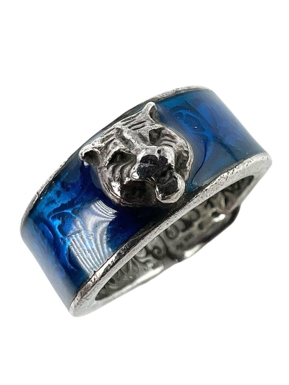 Gucci Garden Cat Head Enamel Silver Blue Ring
